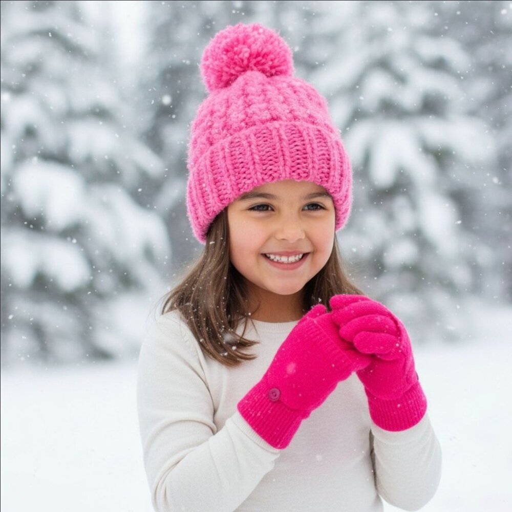SO Kids Pink Knit Beanie Fingerless Gloves Mitten Flap Set Pom Pom NWT Age 4-7 - Picture 9 of 11